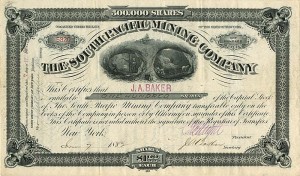 South Pacific Mining Co. signed by J.A. Baker